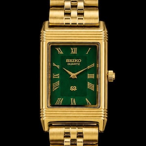 Vintage Seiko Tank Reverso Style Quartz Green Face 28MM Gold Case Men's Watch image 1
