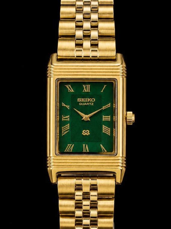 Vintage Seiko Tank Reverso Style Quartz Green Face 28MM Gold Case Men's Watch