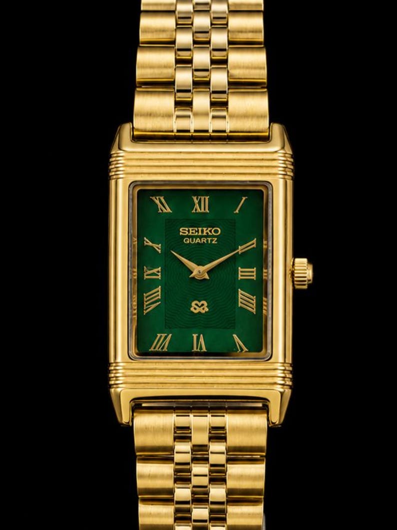 Vintage Seiko Tank Reverso Style Quartz Green Face 28MM Gold Case Men's Watch image 1