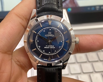 Vintage Roamer Mechanical Watch, Blue Face, Fluted Bezel