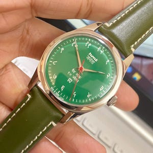 HMT Janata handuppdragen herrklocka, grön urtavla och armband, 35 mm bild 3