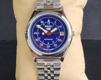 Orologio automatico Seiko 5 vintage, quadrante blu, prodotto in Giappone