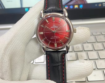 Vintage Refurbished Roamer Mechanical Hand Winding 17 Jewels Red Face Black Band 35MM Case Men's Wrist Watch A65