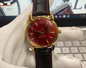 Vintage Generalüberholt Camy Geneve Mechanischer Handaufzug 17 Jewels Rotes Gesicht Schwarzes Band 35 MM Gehäuse Herrenarmbanduhr A74