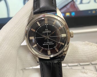 Reloj de pulsera Roamer vintage reacondicionado, mecánico, de cuerda manual, 17 joyas, esfera negra, correa negra, caja de 35 mm, para hombre A63