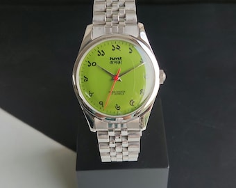 Vintage Refurbished HMT Bangla Hand Winding Green Face 17 Jewels 35MM Glass Back Jubilee Bracelet Men's Wrist Watch