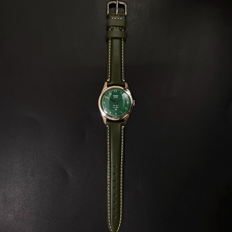 HMT Janata handuppdragen herrklocka, grön urtavla och armband, 35 mm bild 7