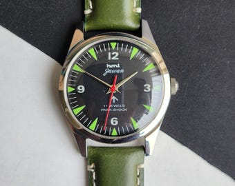 Vintage HMT Jawan Hand Winding Watch, Black Face, Green Leather Strap