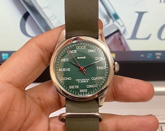 HMT Janata herrklocka med spansk urtavla, grönt läderarmband