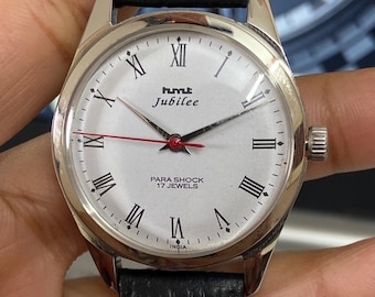 HMT Jubilee Hand-Winding Men's Watch: White Face, Black Croco Leather