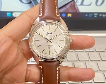 HMT Kohinoor Hand Winding Watch: Silver Face, Brown Leather Strap
