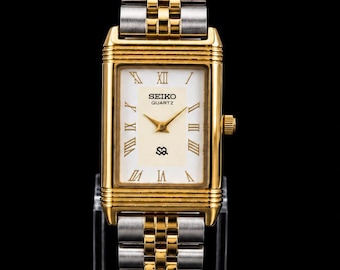 Vintage Seiko Tank Reverso Style Quartz White Face 28MM Gold Case Men's Watch