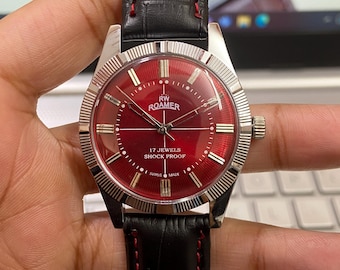 Vintage Roamer Mechanical Watch: Red Face, Fluted Bezel, Restored