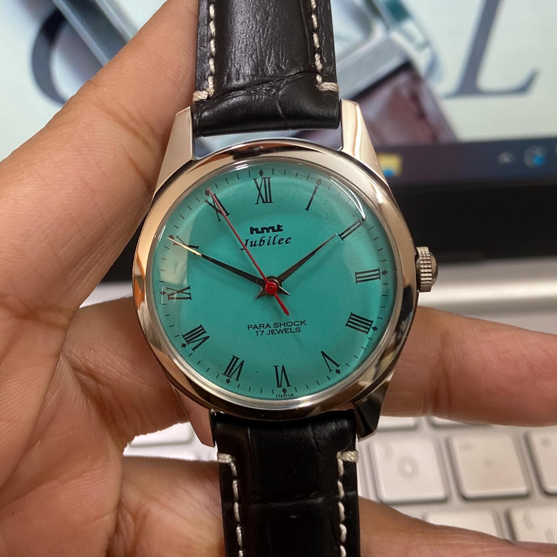 HMT Jubilee Hand Winding Blue Face 17 Jewels 35MM Glass Back Black