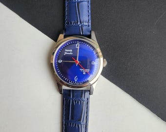 Reloj vintage HMT Janata de cuerda manual, piel de cocodrilo azul, 35 mm