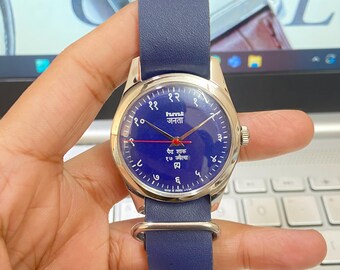 HMT Devanagari Hand winding Blue Face Blue Nato Band 17 Jewels 35MM Men&#39;s Wrist Watch A36
