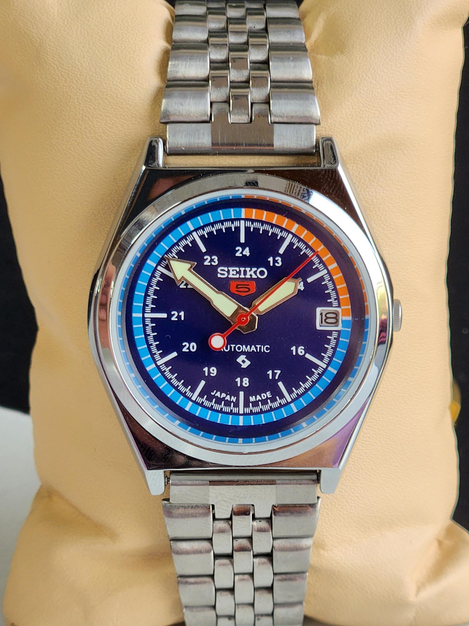 ヴィンテージ セイコー5 自動巻き メンズ腕時計、ブルー文字盤、日本製