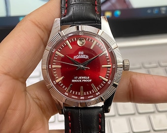 Vintage Roamer Mechanical Watch, Red Face, Fluted Bezel, 36MM