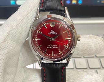 Vintage Roamer Mechanical Watch: Red Face, Black Band, 17 Jewels