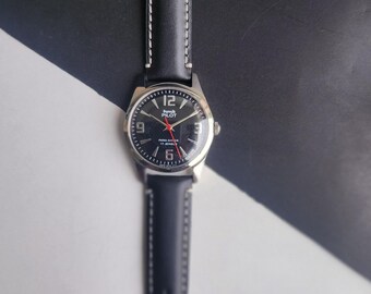 Reloj de piloto HMT vintage, esfera negra, correa de piel, 17 joyas