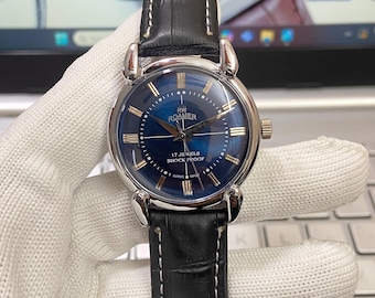 Vintage Roamer Mechanical Watch: Blue Face, Black Band