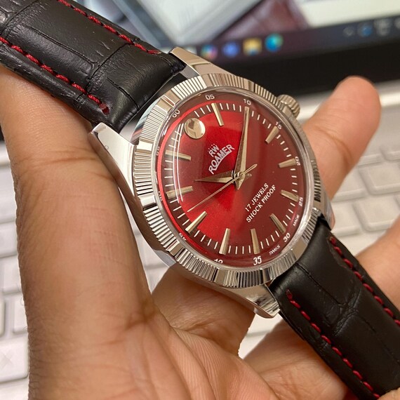 Vintage Roamer Mechanical Watch, Red Face, Fluted Bezel, 36MM