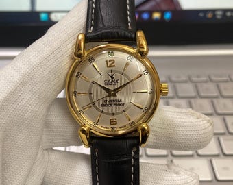 Vintage Camy Geneve Mechanical Watch: 17 Jewels, Silver Face, Black Band