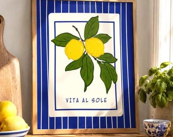 Plakat ścienny z motywem śródziemnomorskiej cytryny do druku, letni plakat na Wybrzeże Amalfi (do pobrania cyfrowego)