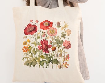 Poppy Birth Flower Canvas Tote Bag, Wildflower Bag, Garden Lover gift, Organic Gifts for Mom Grandma Bridesmaids Sister in law Girlfriend