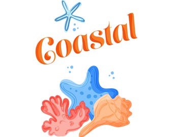 Coastal Summer Beach PNG, Ocean Seashell and Starfish Design, Digital Download