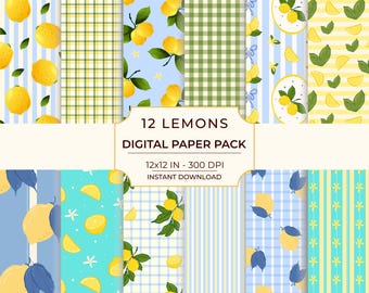 Pakiet papieru cyfrowego Lemon, album Limoncello Summer, pasek w kratkę cytrynową (pobranie cyfrowe)
