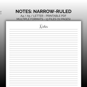 Puede incluir: Una página blanca con líneas de regla estrecha para tomar notas. El texto "NOTES: NARROW-RULED" está en la parte superior, junto con detalles sobre el formato PDF imprimible. La palabra "Notes" está escrita en cursiva en la parte superior de la página.
