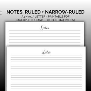 Puede incluir: Dos páginas PDF imprimibles blancas con líneas rayadas y de rayas estrechas para tomar notas. La palabra "Notes" está escrita en cursiva en la parte superior de cada página. El texto "NOTES: RULED + NARROW-RULED" está en la parte superior.