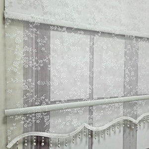 Floral Patterned Beaded Tulle Curtains and Roller Blinds, Light filtering White MT4003B - See Personalization