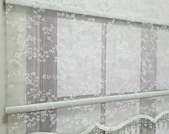 Floral Patterned Beaded Tulle Curtains and Roller Blinds, Light filtering White MT4003B - See Personalization