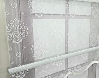 Patterned Fabric Double Mechanism Tulle and Roller Blinds Curtain, Ecru Color, Light filtering, MT3049 - See Personalization