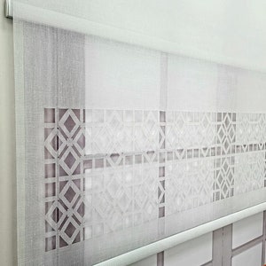 Linen Fabric Laser Cut Duble Mechanism Tulle and Roller Blinds Curtain, Color Options, Light filtering, MLT1050 - See Personalization