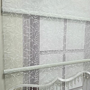 Twig Pattern Beaded Double Mechanism Tulle Curtains and Roller Blinds, Light Filtering, Ecru Color TS2013B - See Personalization