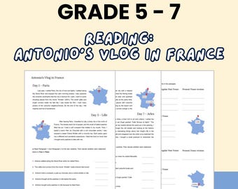 English Reading Worksheets, Topic: Antonio's Vlog in France (Digital Download)