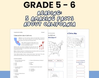 English Reading Worksheets, Topic: 5 Facts About California (Digital Download)