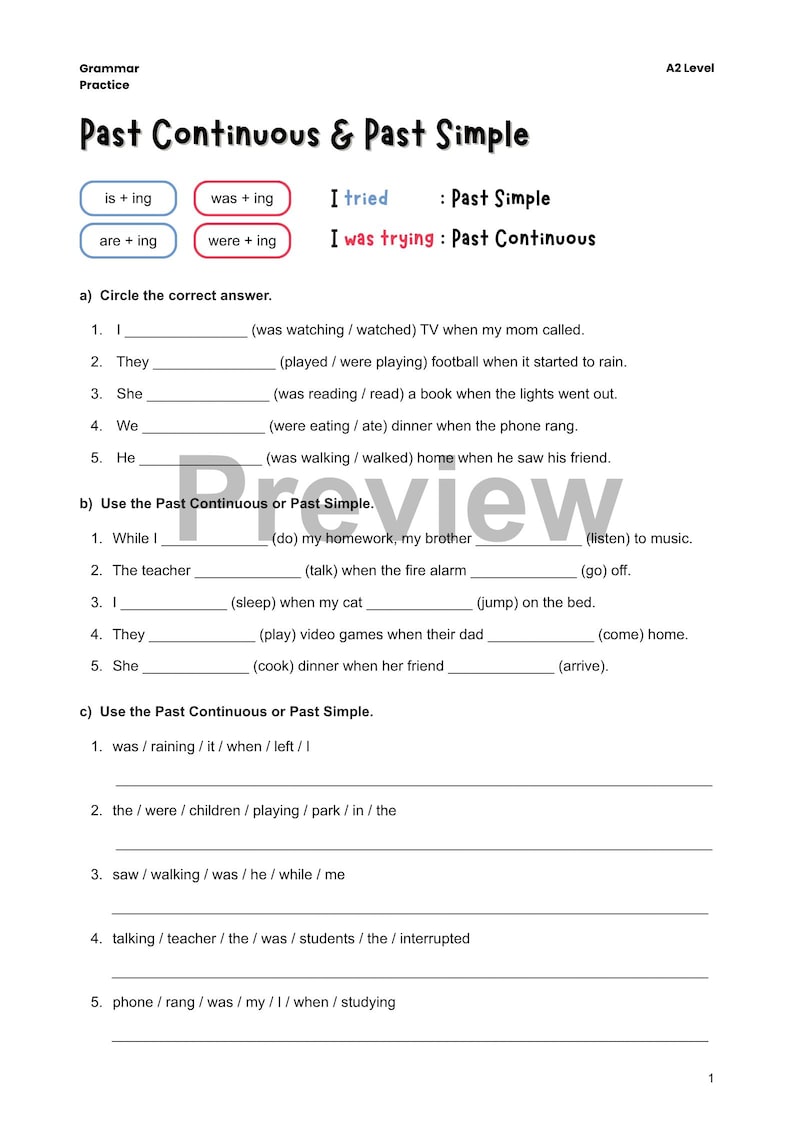 English Grade 6 Past Continuous and Past Simple Worksheets Printable ...