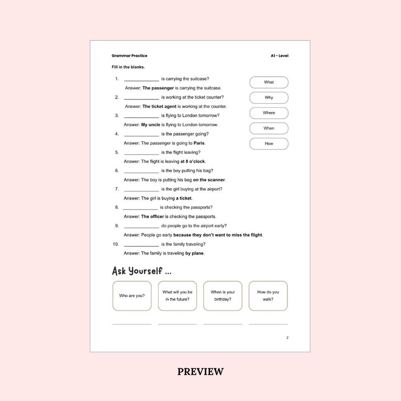 Language Counter Memory Practice English Grammar Worksheets WH Questions A1-level Digital Download - Etsy