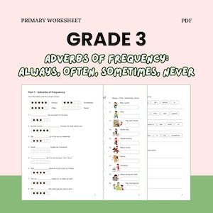 Peut inclure: Une feuille d'exercices pour les élèves de 3e année, axée sur les adverbes de fréquence : toujours, souvent, parfois et jamais. Le document comprend des exercices à compléter et des illustrations. Le titre est "Primary Worksheet".