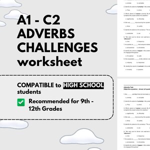 Könnte beinhalten: Ein Arbeitsblatt für Gymnasiasten mit dem Titel "A1 - C2 Adverbien Herausforderungen Arbeitsblatt". Das Arbeitsblatt ist kompatibel mit Gymnasiasten und wird für die Klassenstufen 9 bis 12 empfohlen. Das Arbeitsblatt enthält einen Test mit Multiple-Choice-Fragen zu Adverbien.