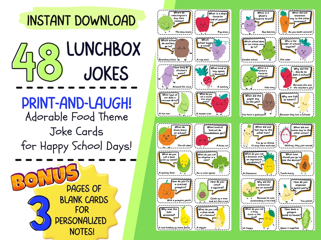 Lunch Box Joke Cards, Printable Cards, Fruit and Veggie Theme