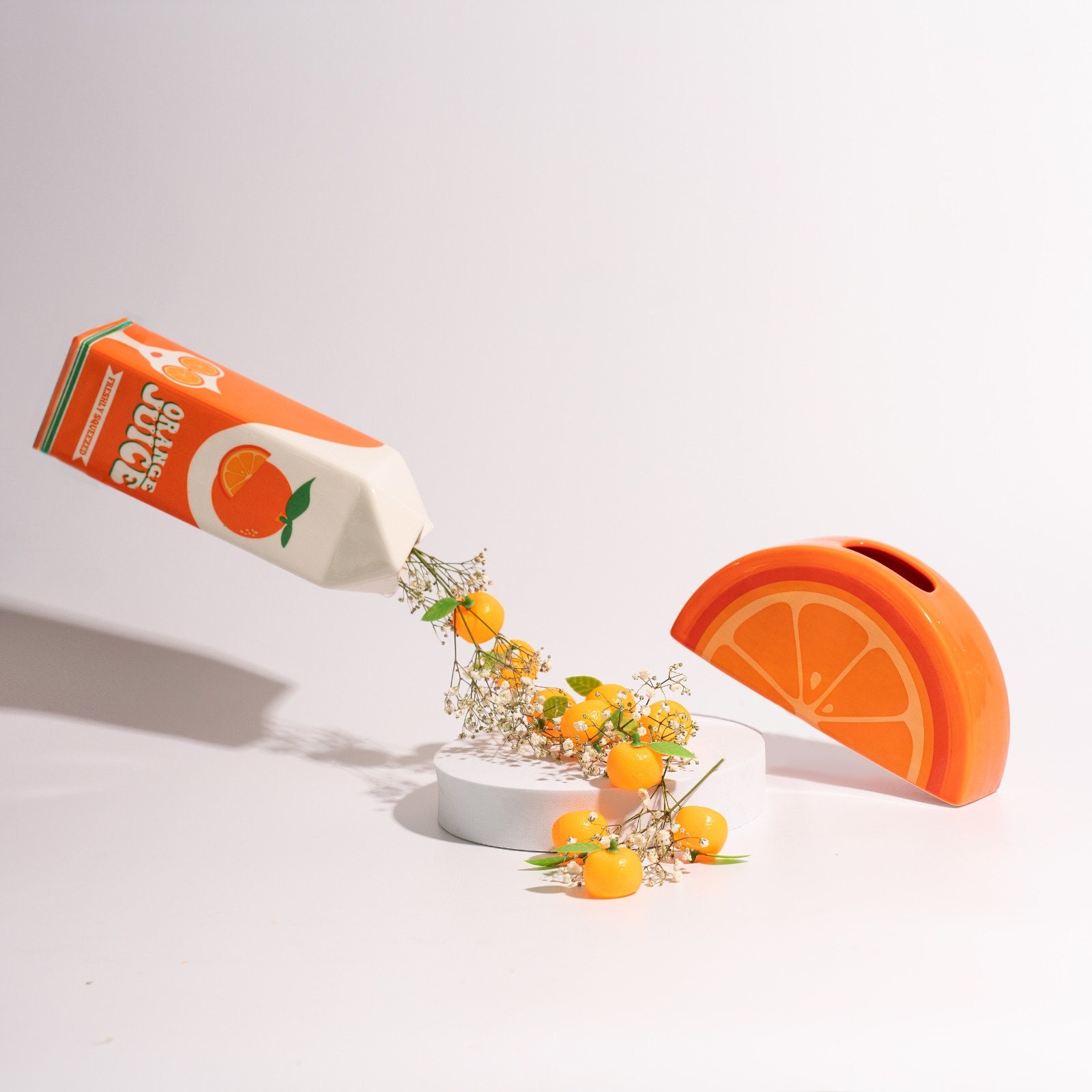 Lenor Decor Orange Juice Vase, 2 Vase Set. Ceramic Carton Vase and Sli