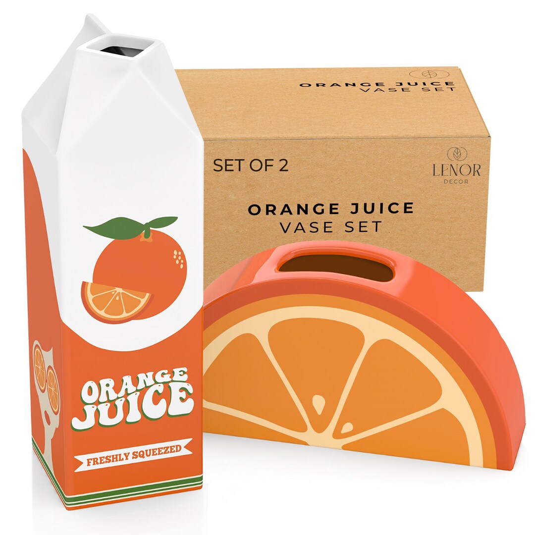 Orange Juice Vase, 2 Vase Set. Ceramic Carton and Sliced Orange Vase