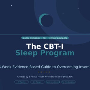 Puede incluir: Un cuaderno de trabajo digital titulado "The CBT-I Sleep Program" con un fondo azul oscuro. El título es en blanco y verde azulado, con el subtítulo "Una guía de 6 semanas basada en la evidencia para superar el insomnio". Incluye detalles.