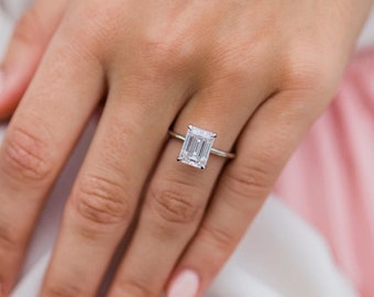 2.00 CT Hidden Halo Solitaire Ring, Emerald cut Moissanite Engagement Ring, Emerald Cut Ring, Yellow Gold Ring, Anniversary Gift For Her