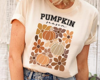 Boho Pumpkin Season T-Shirt for Women, Cute Floral Autumn Shirt, Thanksgiving Pumpkin Tee, Cozy Fall Boho Shirt for Girl, Fall Gift for Her